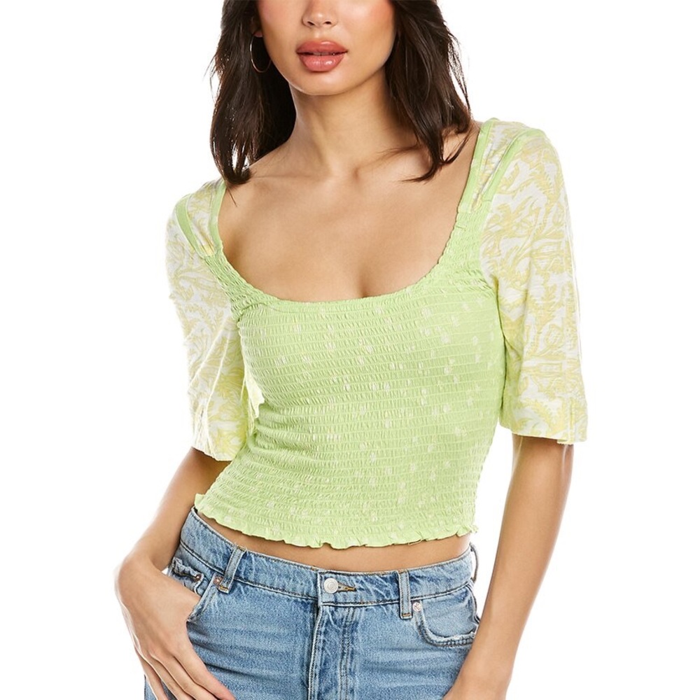 NWT Free People Marigold Floral Boho Crop Tee Shirt Key Lime Combo Green Small